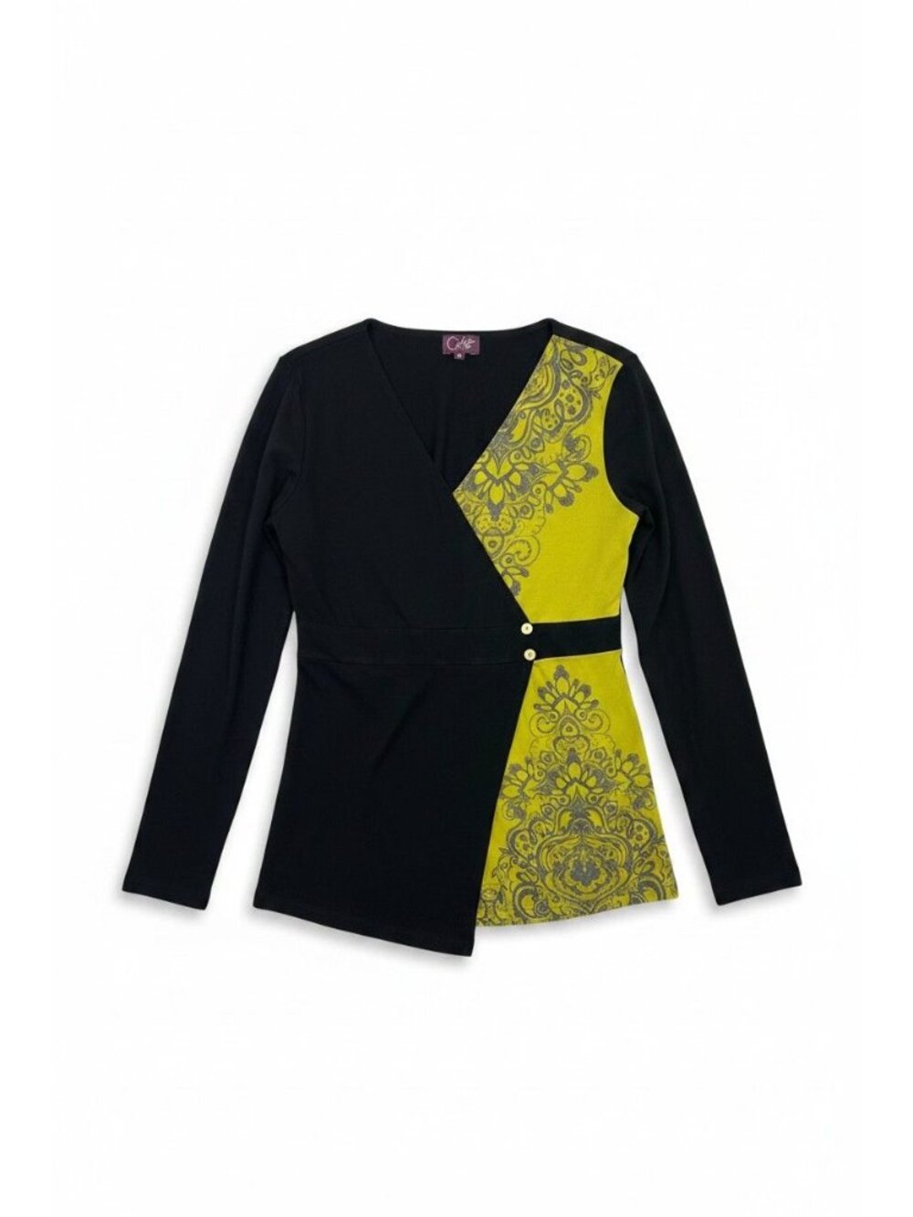 Coline M Black Long Sleeve Wrap Shirt Embellished Boho Artsy Lagenlook
